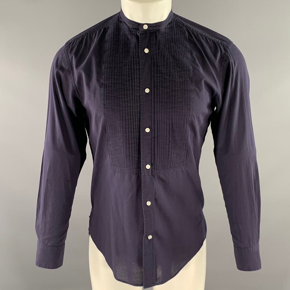 RALPH LAUREN Size S Navy Pleated Cotton Band Collar Long Sleeve Shirt